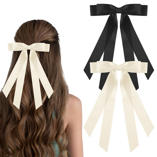 Teaaha 2PCS Hair Bow for Women - Silky Ribbon Long Tail Bowknot Ponytail Holders, Coquette Hair Accessories (Milk White & Black)