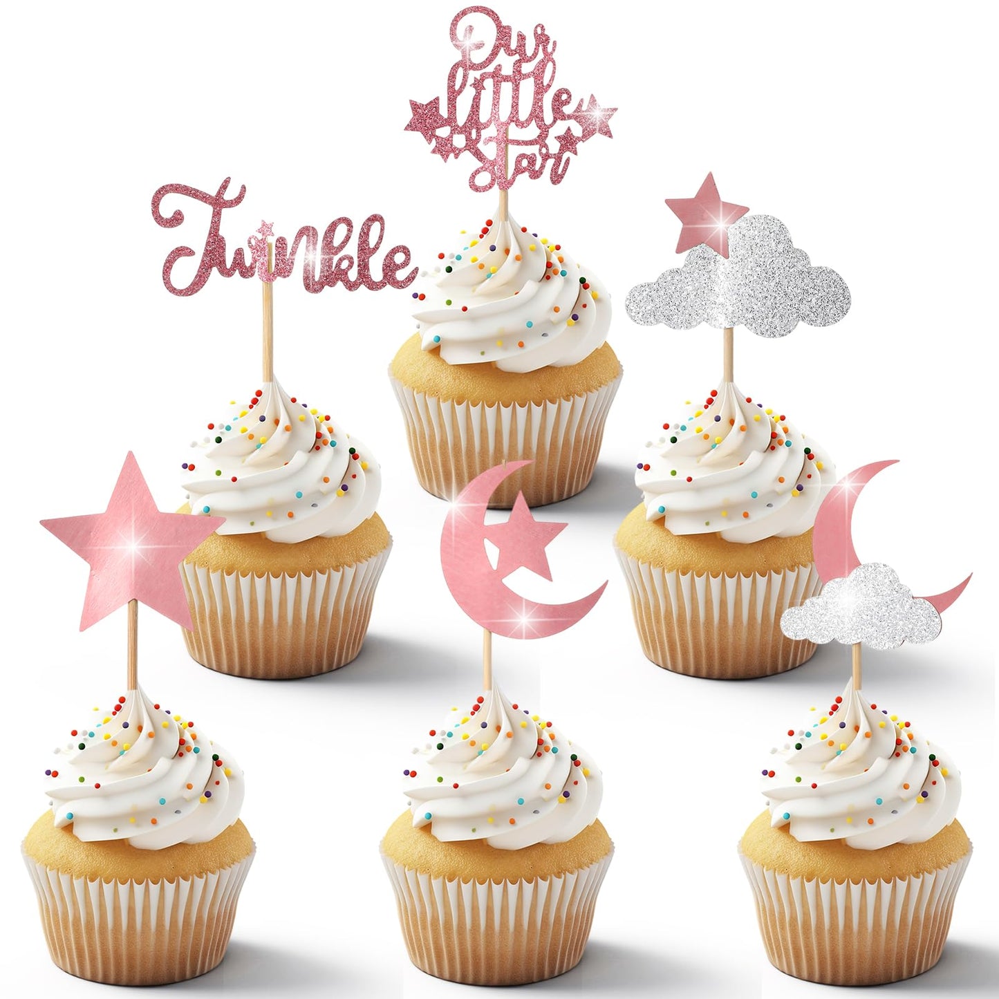 24 Pcs Glitter Star Cake Toppers, Ymapinc Rose Gold Decorations, Twinkle Twinkle Little Star Baby Shower Decorations, Rose Gold Cupcake Toppers for Gender Reveal Parties, Bridal Shower & Wedding