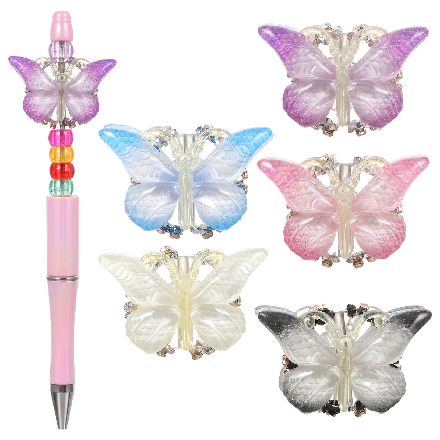 Chsoejuf 5PCS Rhinestone Butterfly Pen Beads Colorful Acrylic Focal Bead