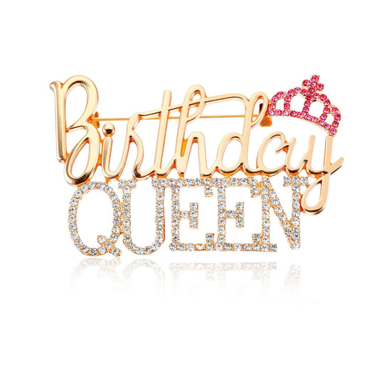 1 PCS Birthday Queen Pin Happy Birthday Pin Letter Rhinestone Crown Lapel Brooch Cute Diamond Crown Brooch Birth Gift for Women Birth Party Outfit Accessories (Gold Pink)