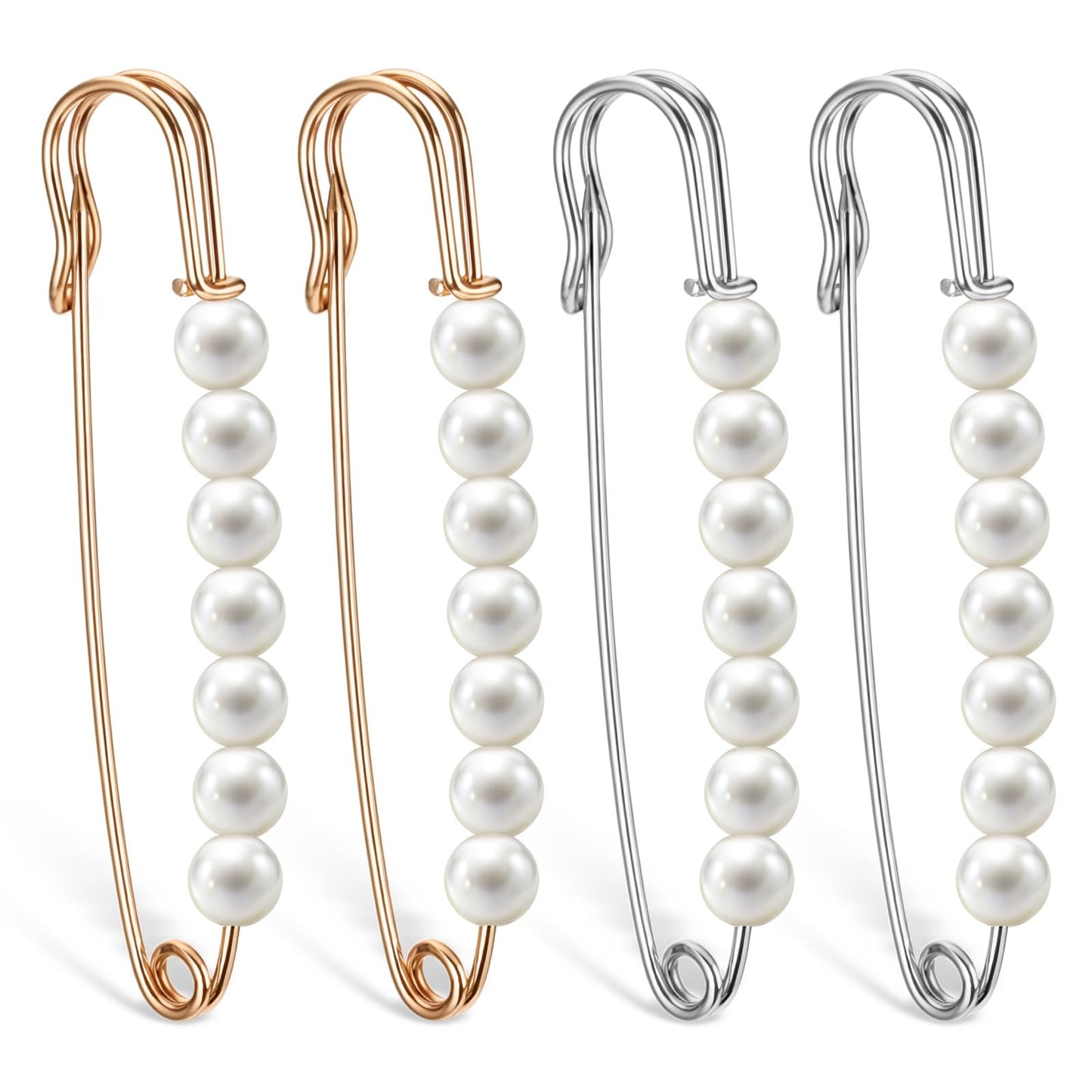 4 PCS Safety Pin Brooch, Decorative Safety Faux Pearl Pins for Clothing, Shawls, Dresses, And Accessories, Waist Extender Decorative Pins (Gold, Silver)