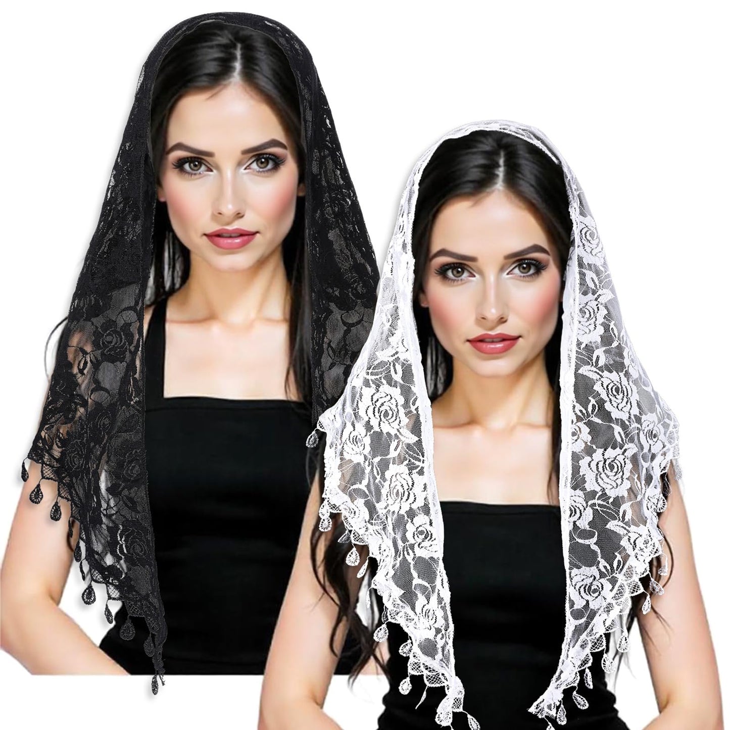 2 PCS Veils for Church Catholic, Triangle Mantilla Catholic Veil Chapel Veil Mass Head Covering Veils for Bridal Wedding Women Mass(Black, White)