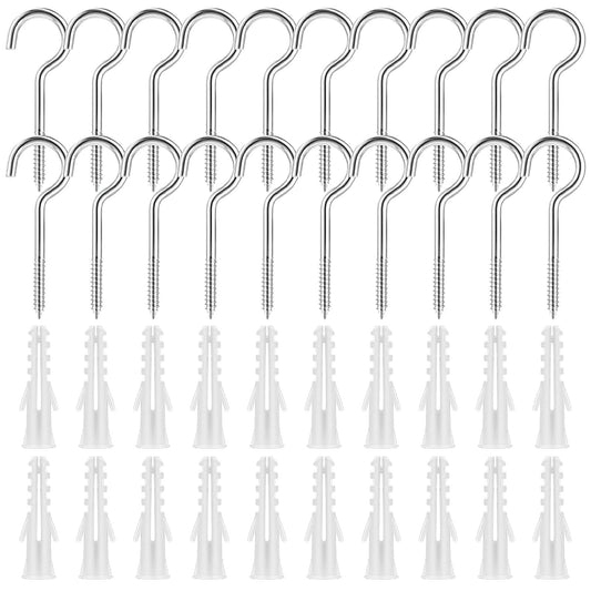 Teaaha 20 PCS Heavy Duty Wall Hooks, Stainless Washing Line Hanger Hooks, Self-Tapping Fence Hooks C Shaped Hook, Screw Hooks with Expansion Screws Ceiling Hook for Lights Plants, Strong Indoor(2.28")