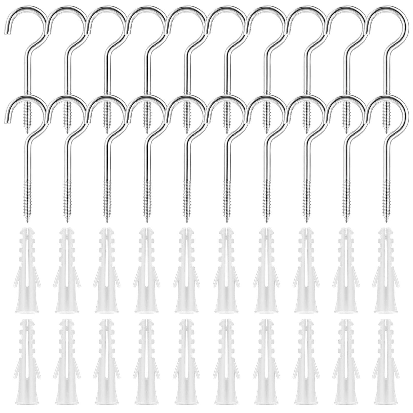 Teaaha 20 PCS Heavy Duty Wall Hooks, Stainless Washing Line Hanger Hooks, Self-Tapping Fence Hooks C Shaped Hook, Screw Hooks with Expansion Screws Ceiling Hook for Lights Plants, Strong Indoor(2.28")