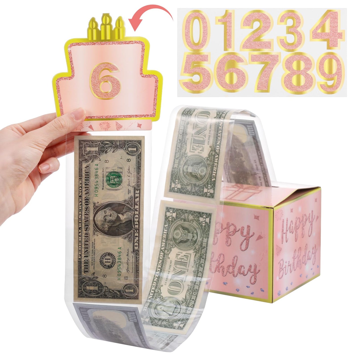 Tyqour Birthday Money Box Cash Gift Pull Surprise Money Gift Box Cake Money Pulling Box Birthday Gift Box Money Presentation Box for Cash Gifts Birthday Party Decor Girls Women