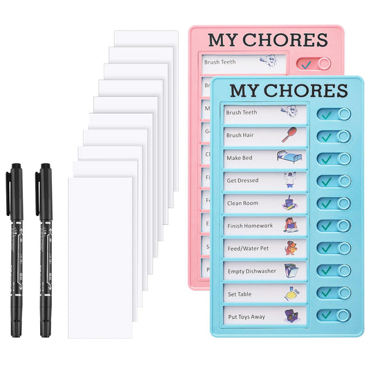 2 PCS Blank Chore Chart Kids Chore Chart Plastic Checklist Board with 10 Detachable Cardstock Sliding Routine Chart Reusable to Do List RV Checklist Planning Board Visual Schedule Reminder(Pink, Blue)