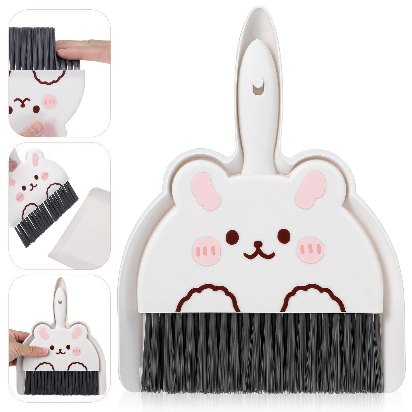 Ouligay Portable Hand Broom and Dustpan Set,Cute Mini Broom and Dustpan Set with Durable Brush,Lightweight Small Dust Pan and Broom Set for Desktop Small Space Cleaning(White Rabbit)