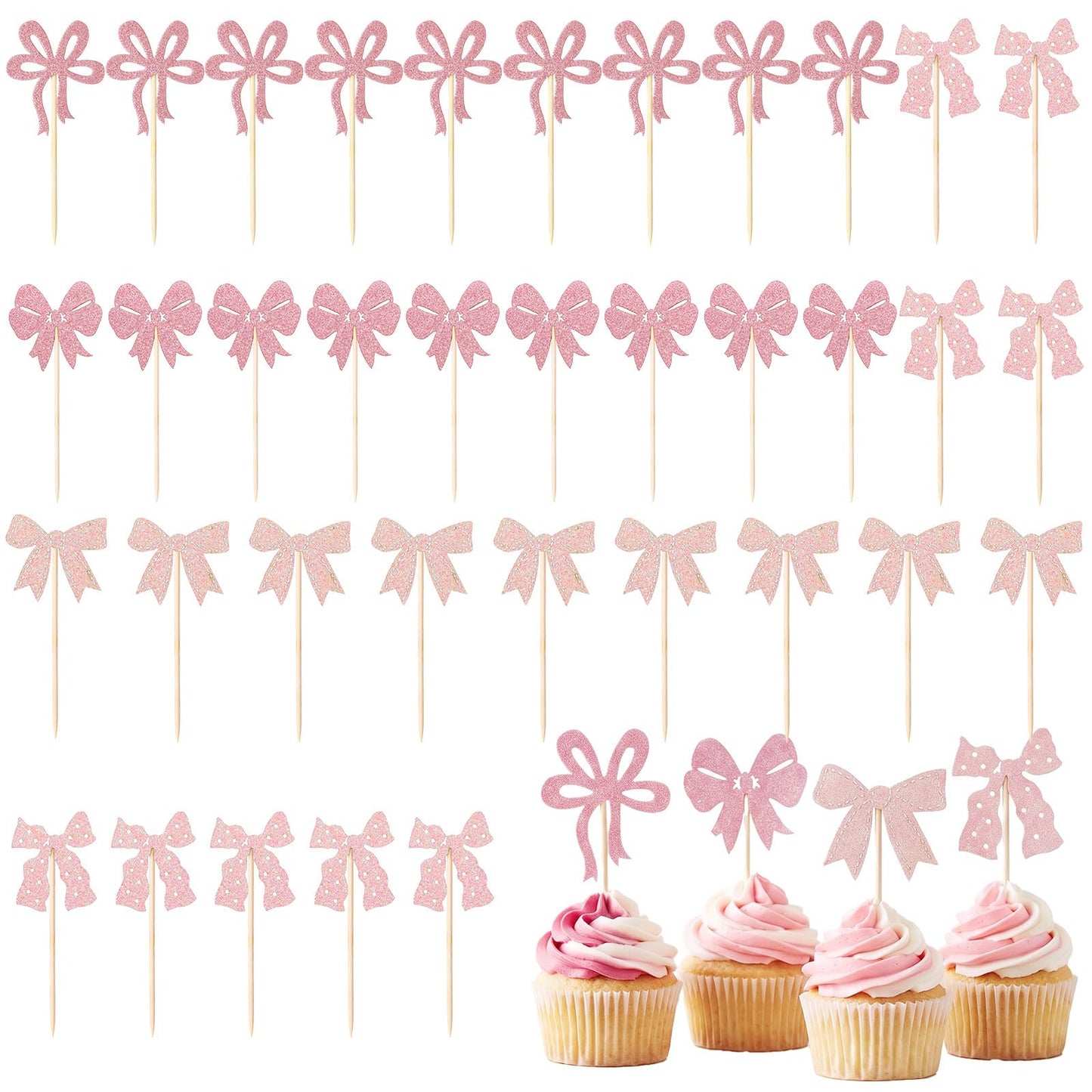 Chsoejuf 36PCS Bow Cupcake Toppers Pink Bow Birthday Cake Topper Decoration
