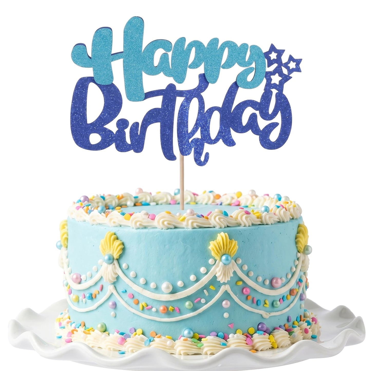1Pcs Quvvarly Blue Happy Birthday Cake Topper,Glitter Cake Pick