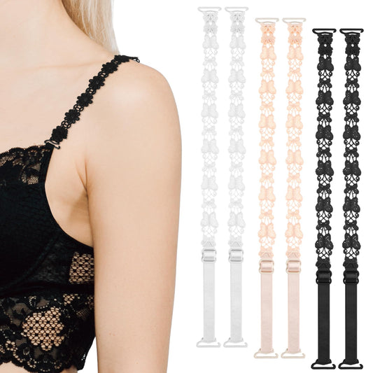 Tyqour 3 Pairs Women's Bra Straps Replacement, Adjustable Lace Flower Elastic Bra Strap, Invisible Non-Slip Bra Shoulder Straps for Strapless Bra(White,Beige,Black)