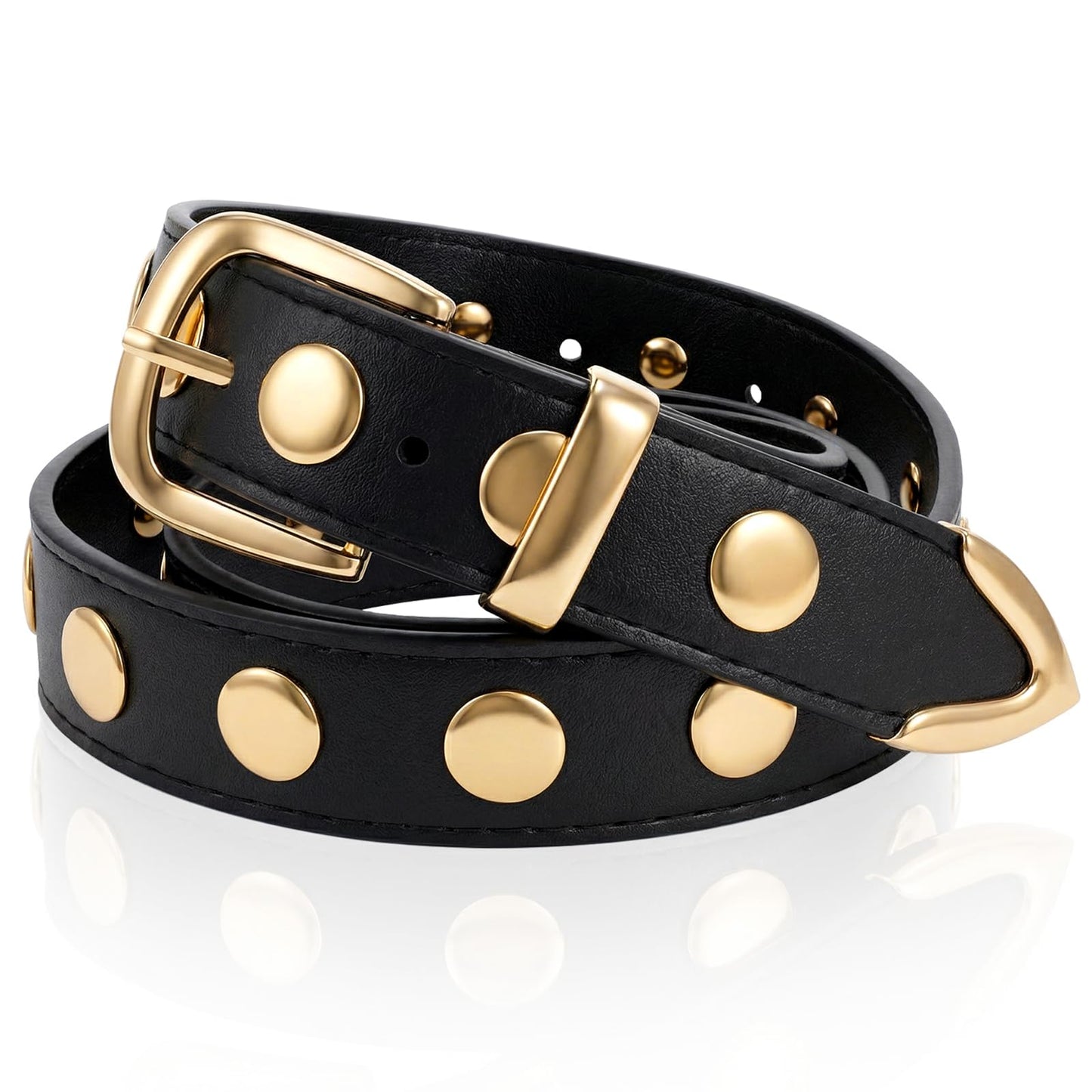 Chsoejuf Black Leather Belt Punk Studded Belt for Jeans Dresses Pants(Gold)