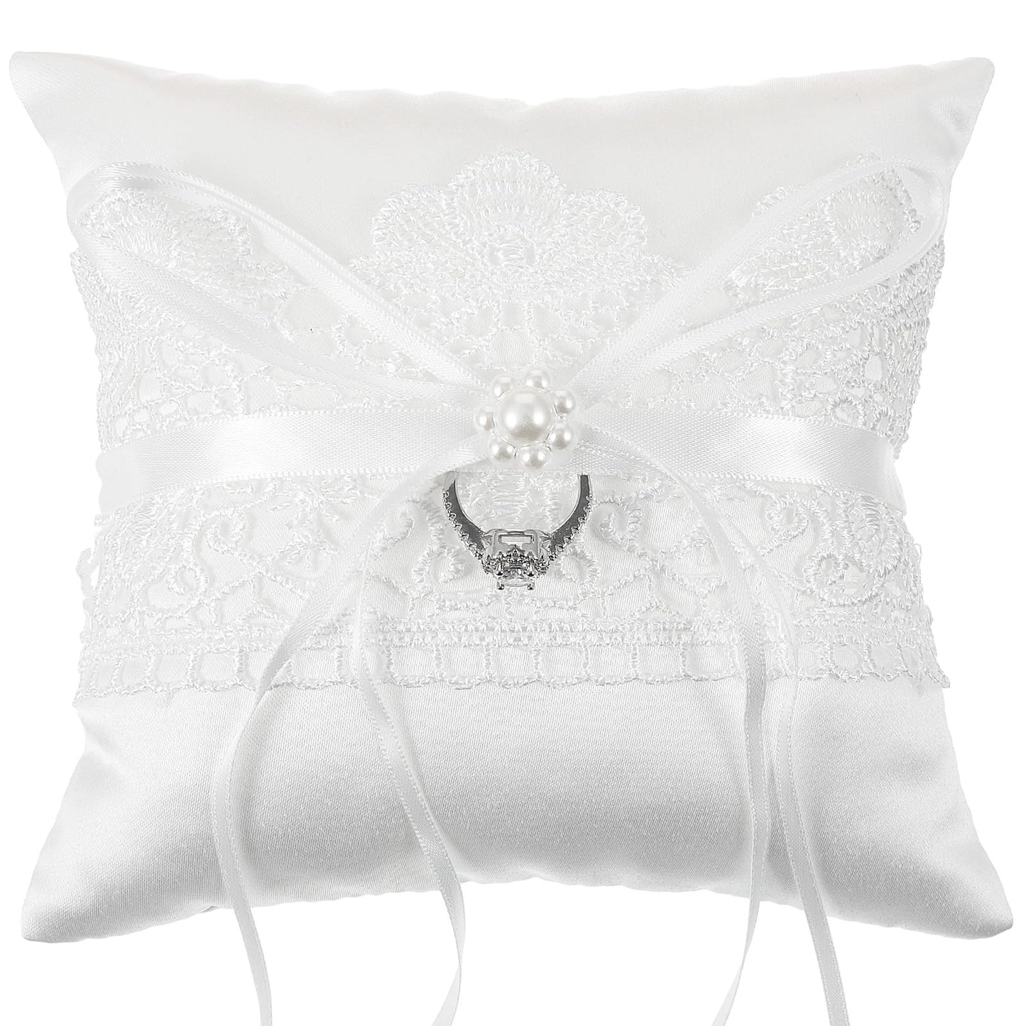 Nogeqi Ring Bearer Pillow, Wedding Ring Bearer with Pearl, Lace Ring Pillow for Ring Bearers, Wedding Ring Pillows for Ceremony Wedding Party Anniversary(Lace Style)
