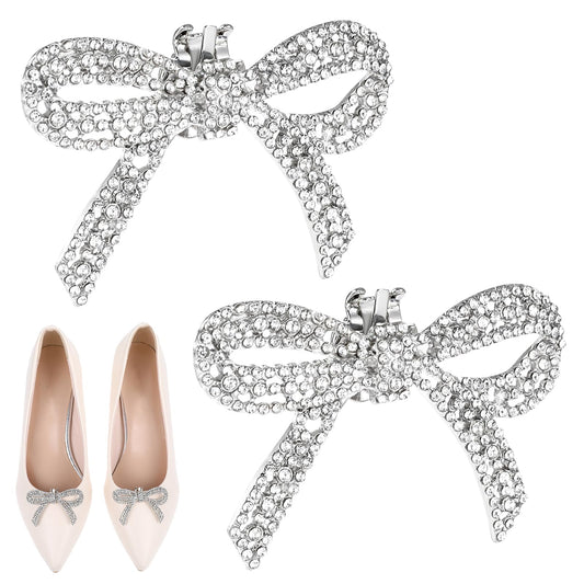 Tyqour 2Pcs Rhinestone Bow Shoe Clips for Women Detachable Crystal High Heels Shoe Charms Decoration Accessories Sparkling Shoe Buckles for Bridal Wedding and Party(silver)