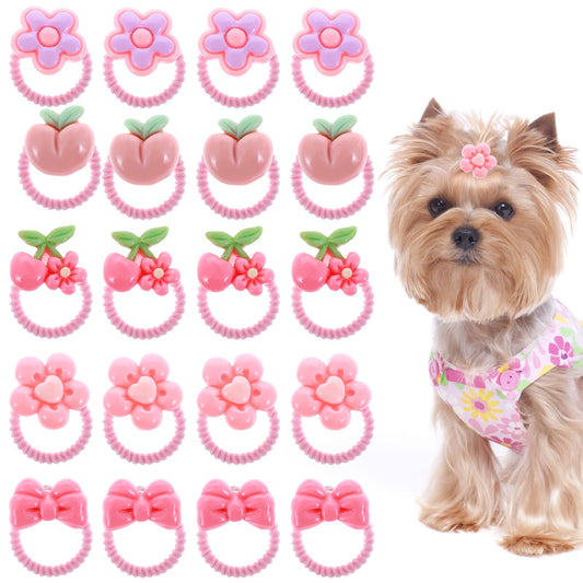 20 PCS Dog Hair Bows with Rubber Bands, Puppy Hair Accessories Bulk Puppy Hair Bows Small Size Dog Cute Grooming Flower Bowkont Accessories for Holiday Pet Puppy Cat (Pink)