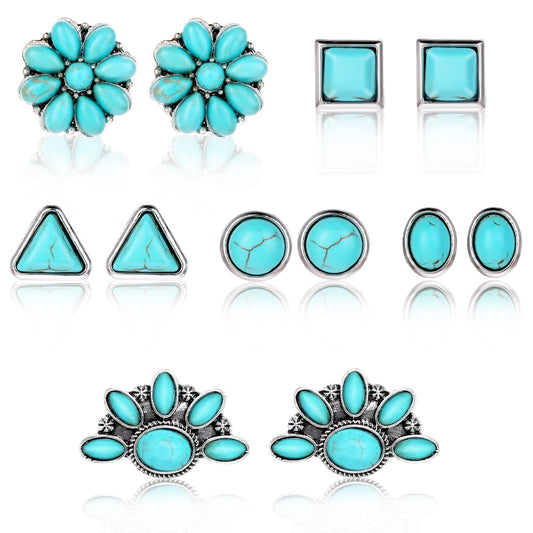 Teaaha 6 Pairs Turquoise Stud Earrings Turquoise Earrings Western Earrings for Women Turquoise Earrings for Sensitive Ears Western Stud Earrings Small Geometric Oval Round Flower Earrings Gemstone