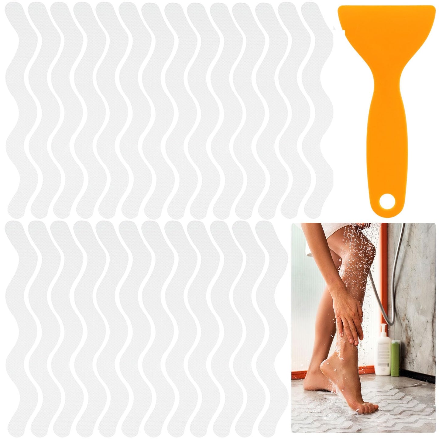 Ouligay 48Pcs Non Slip Bath Stickers Self-Adhesive Anti Slip Shower Strip Stickers Non Slip Bath Stickers Transparent Safety Bathtub Grip Stickers with Scraper for Bath Shower