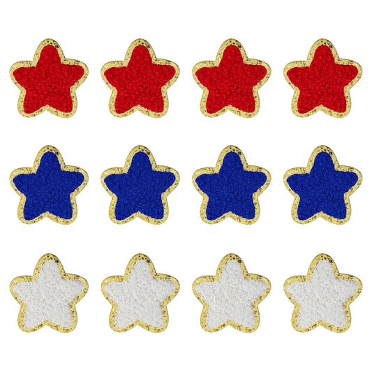 12PCS Sequin Star Patches Iron on with Golden Edges, Shiny Stars Patriotic Chenille Sew Embroidery, 4th of July Decor Star Appliques Embellishments for Clothes Hats Backpacks Costume(Red, White, Blue)