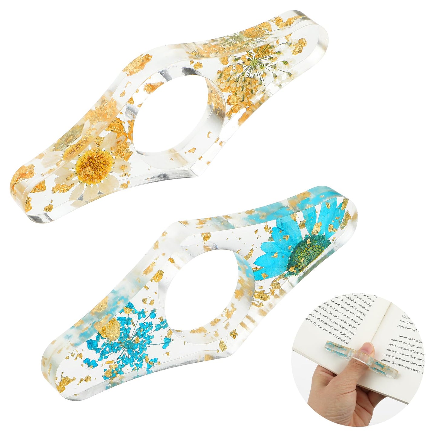 Ouligay 2Pcs Thumb Book Page Holder Resin Dried Flower Book Holder Thumb Ring Transparent Handmade Book Opener Floral Bookmark Reading Accessories for Teachers Book Lovers