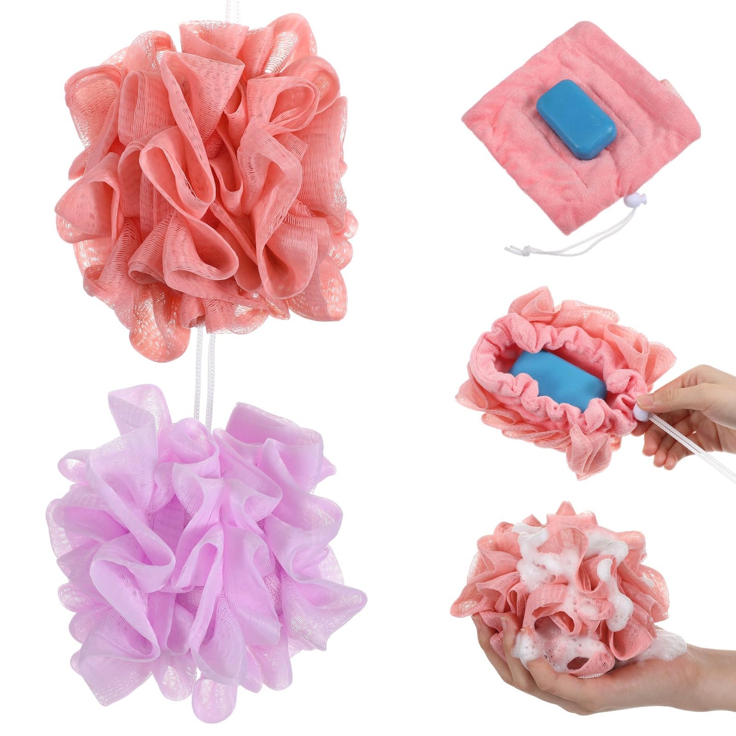 Chsoejuf 2 Pack Bar Soap Loofah Pouch, Bath Loofah Shower with Soap Bag