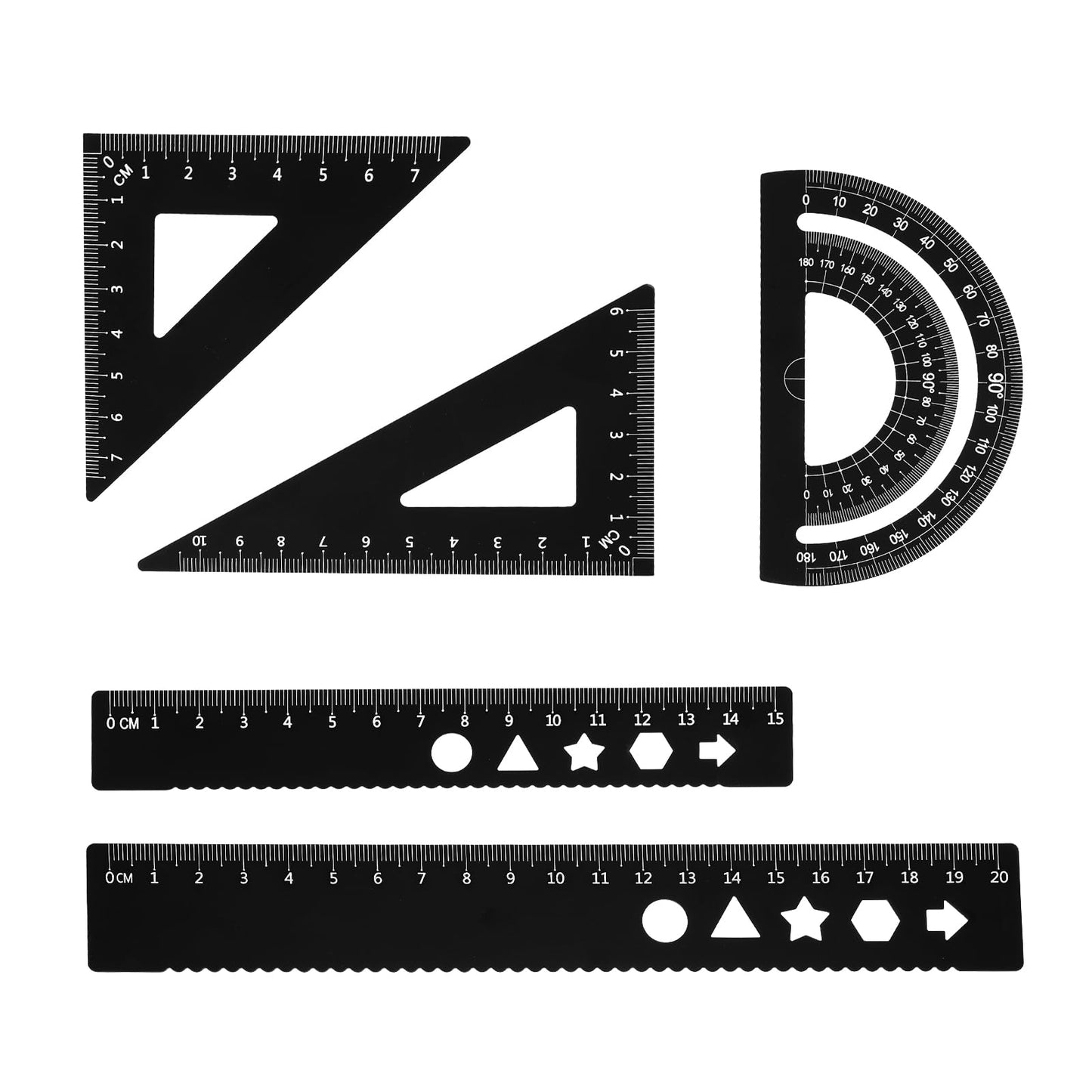 5 PCS Ruler Set Metal Geometry Set with Protractor and Triangle Rulers, 8 & 6 Inch Aluminum Alloy Math Drafting Ruler Straight Measuring Tool for School and Office, Metric and Imperial Black