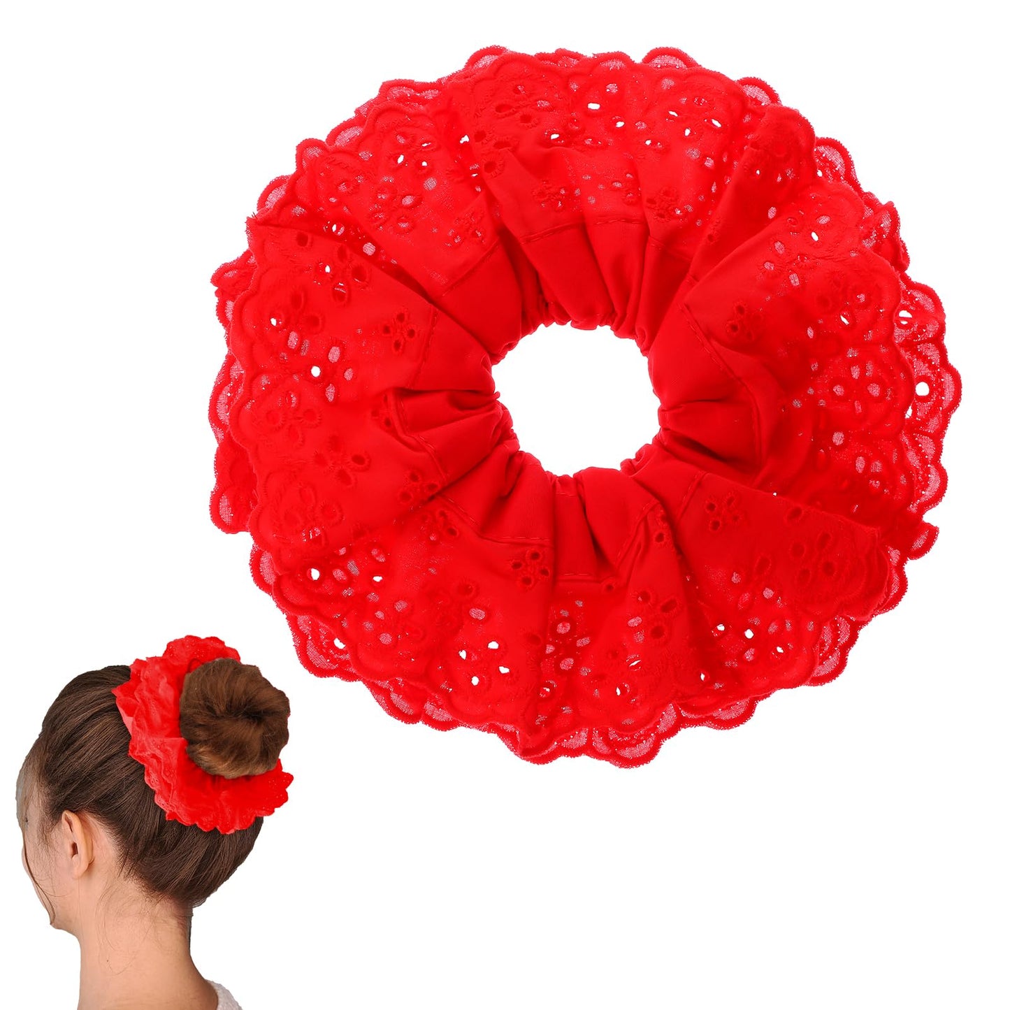 Mabor 1 Pack Red Lace Scrunchies for Women Elegant Hair Ties Soft Hair Bands with Lace Detailing Hair Scrunchies Ponytail Holder Accessories with Extra Volume Stylish Updos (Red)