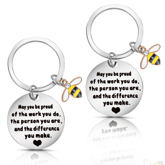 Tyqour 2 Pack Bee Keychain for Women Men, Thank You Key Chains Keyring Bulk, Employee Coworker Teacher Appreciation Keychain, Honey Bee Gifts for Women Men Keyring Keychain(Silver)