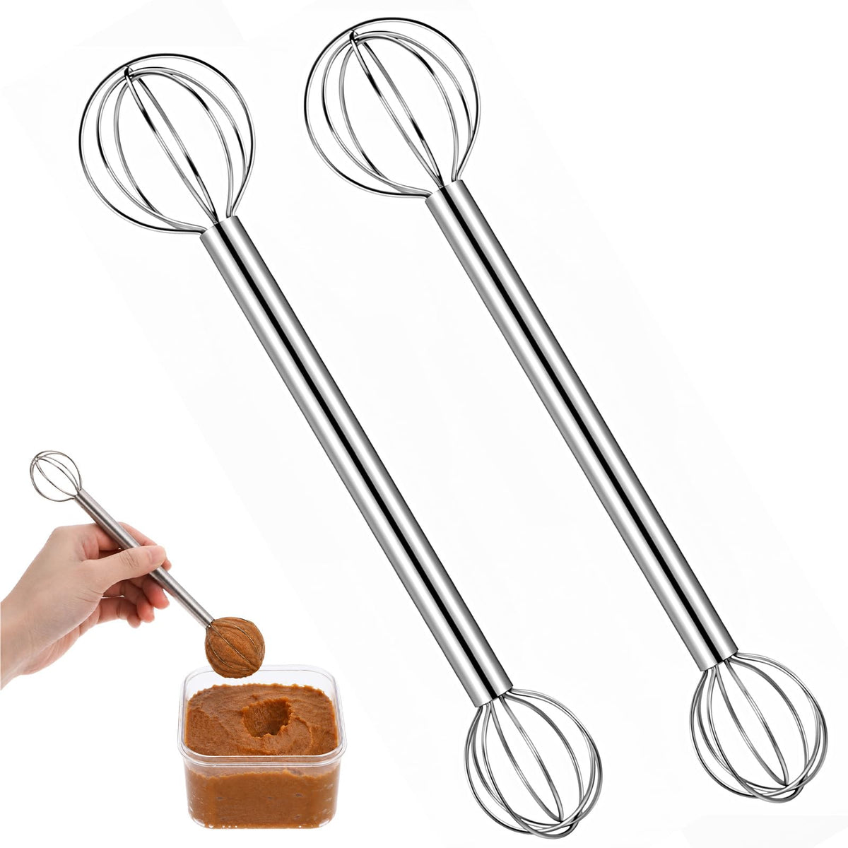 2 PackStainless Steel Double-Ended Mini Whisk Miso Muddler & Egg Whisk