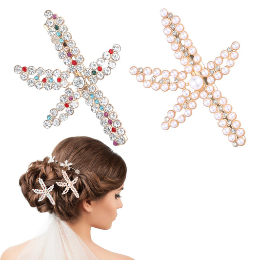 2 PCS Starfish Hair Clip, Gold Rhinestone Mermaid Hair Jewelry,Faux Pearl Crystal Sea Star Beach Clips Accessories for Women, Girls, Wedding, Bride(2.5x 1.7inch)