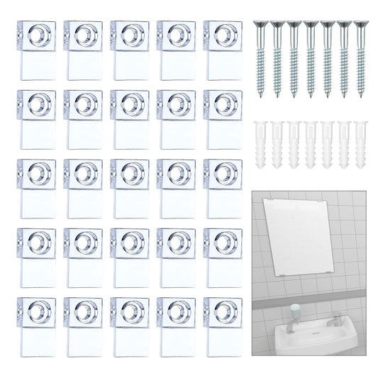 25 Set of Mirror Brackets, Crystal Clear Plastic Glass Retainer Clips Kit for Wall Mounting, Adjustable Mirror Clips with Screws, Frameless Mirror Hanging Kit and Fixed Mirror Box Door
