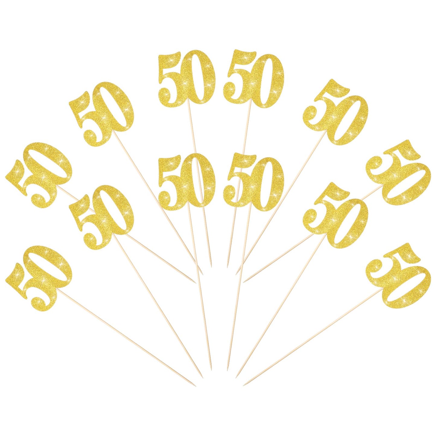 Chsoejuf 12PCS Gold Glitter 50th Anniversary Cake Topper Sticks Decorations