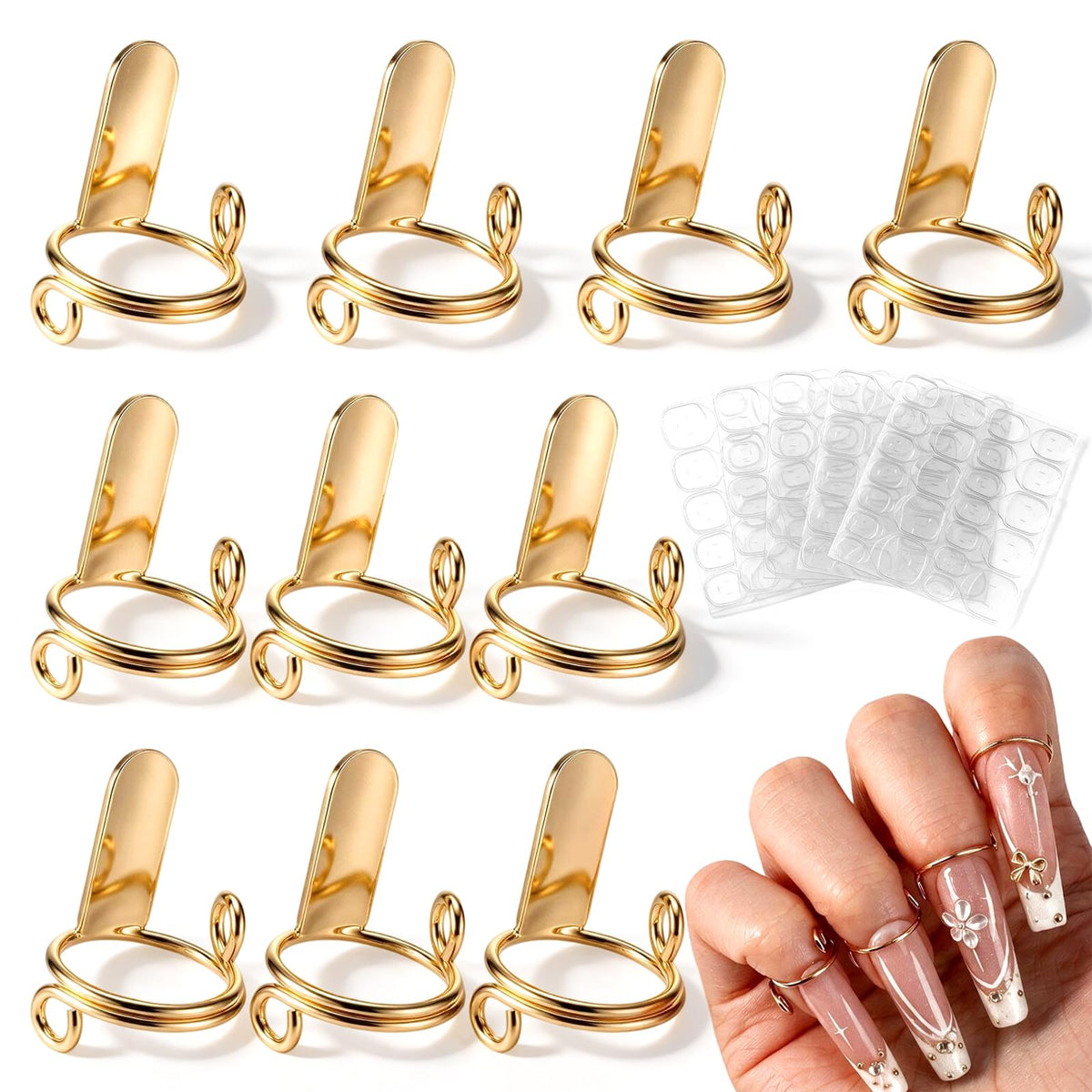 10 Pcs Wudu Nail Rings Set with 120 Adhesive Tabs Gold