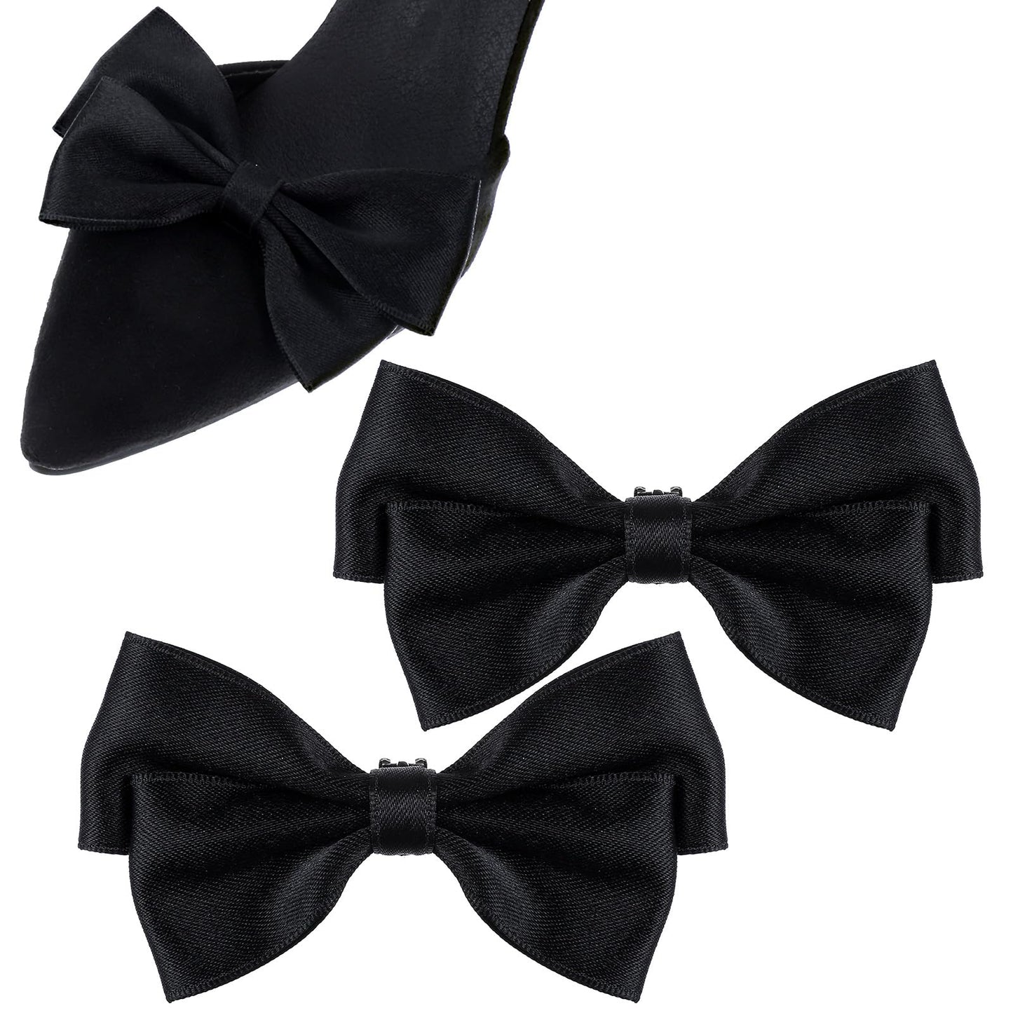 2 PCS Bow Shoe Clips Solid Color Shoe Clips Black Satin Bow Shoe Buckle Clips Ribbon Detachable Shoes Buckle Elegant Bow Detachable Shoe Buckles for Women Girls Wedding Party Shoe Accessories