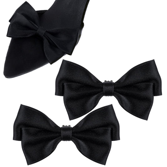 2 PCS Bow Shoe Clips Solid Color Shoe Clips Black Satin Bow Shoe Buckle Clips Ribbon Detachable Shoes Buckle Elegant Bow Detachable Shoe Buckles for Women Girls Wedding Party Shoe Accessories