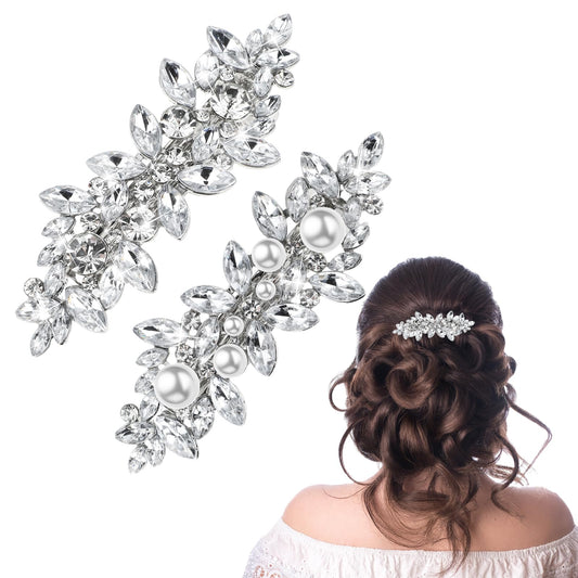 2Pcs Rhinestone Hair Clips, Mabor Pearl French Hairpins Crystal Hair Clips Rhinestones Bridal Barrette Sliver Wedding Hairpins Hair Accessories for Women Girls Bridesmaid