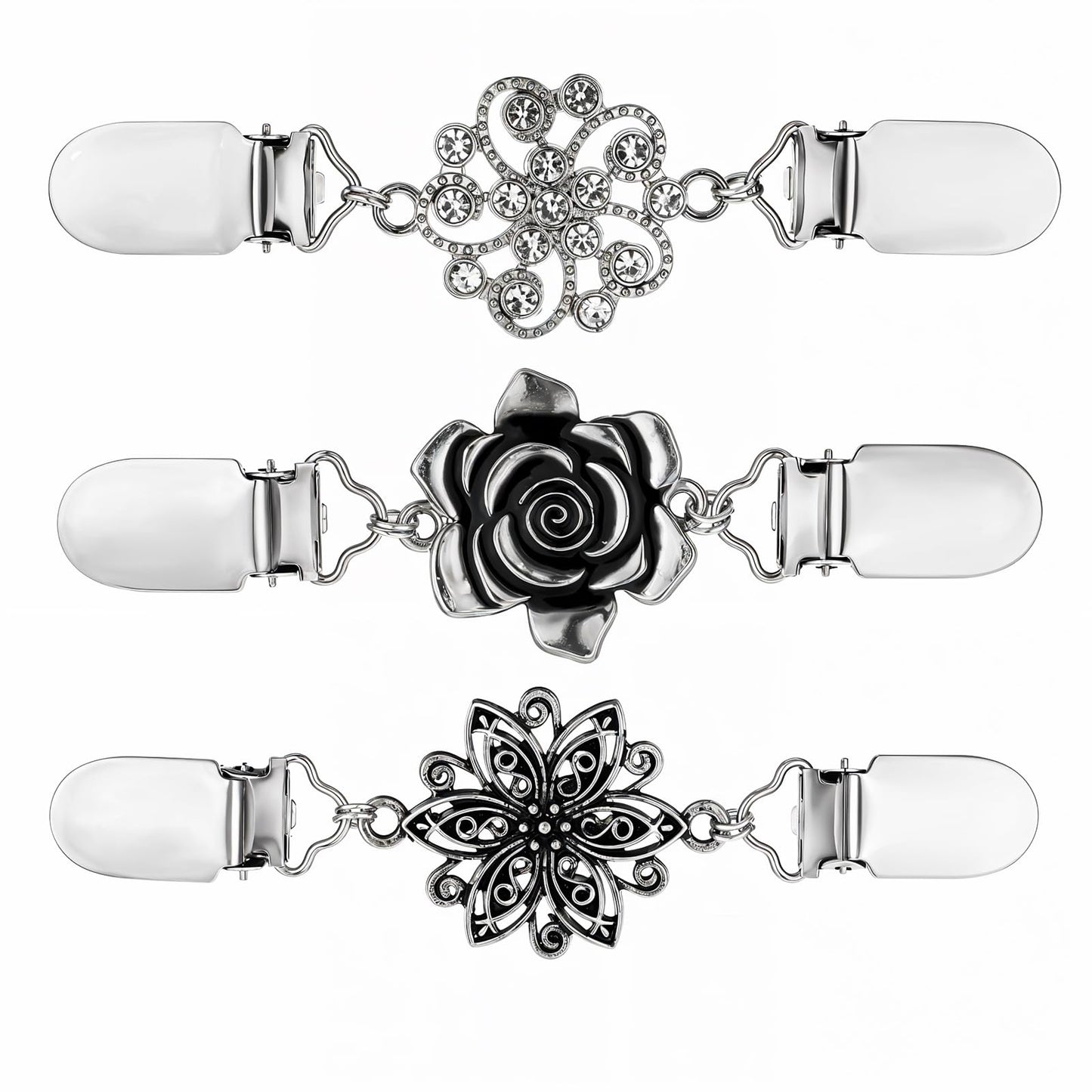 Xindojuz 3 PCS Vintage Sweater Clip, Dress Clips Back Cinch Elastic Shawl Clips Shirt Clips Pant Waist Cincher Clip Retro Cardigan Scarf Brooch Clips for Women Girls Clothing (Silver, 3 Styles)