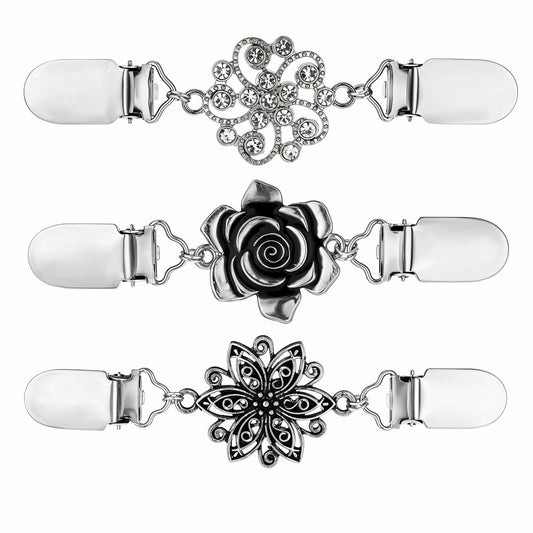 Xindojuz 3 PCS Vintage Sweater Clip, Dress Clips Back Cinch Elastic Shawl Clips Shirt Clips Pant Waist Cincher Clip Retro Cardigan Scarf Brooch Clips for Women Girls Clothing (Silver, 3 Styles)