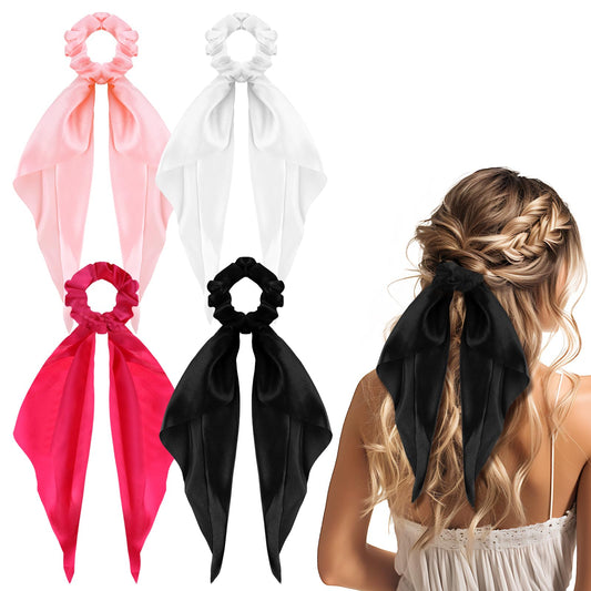Tyqour 4Pcs Satin Hair Scrunchies Elastic Hair Band with Long Tail Solid Scarf Hair Tie Ribbon Bow Scrunchies Ponytail Holder Knotted Head Tie for Women Girls Teens