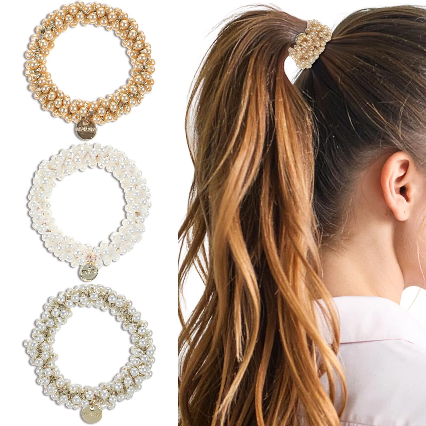 Mabor 3 PCS Pearl Hair Ties Set, Elegant Beaded Fancy Hair Tie Bracelet, Pearl Hair Accessories for Women