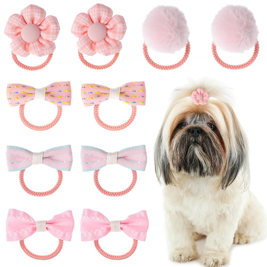 10 PCS Bows for Dogs Girls Pink Dog Bows with Rubber Bands Puppy Hair Bows Mix Style Handmade Puppy Hair Bows Cute Grooming Flower Ball Bowknot Top Knot Dog Hair Accessories for Puppies Yorkie Teddy