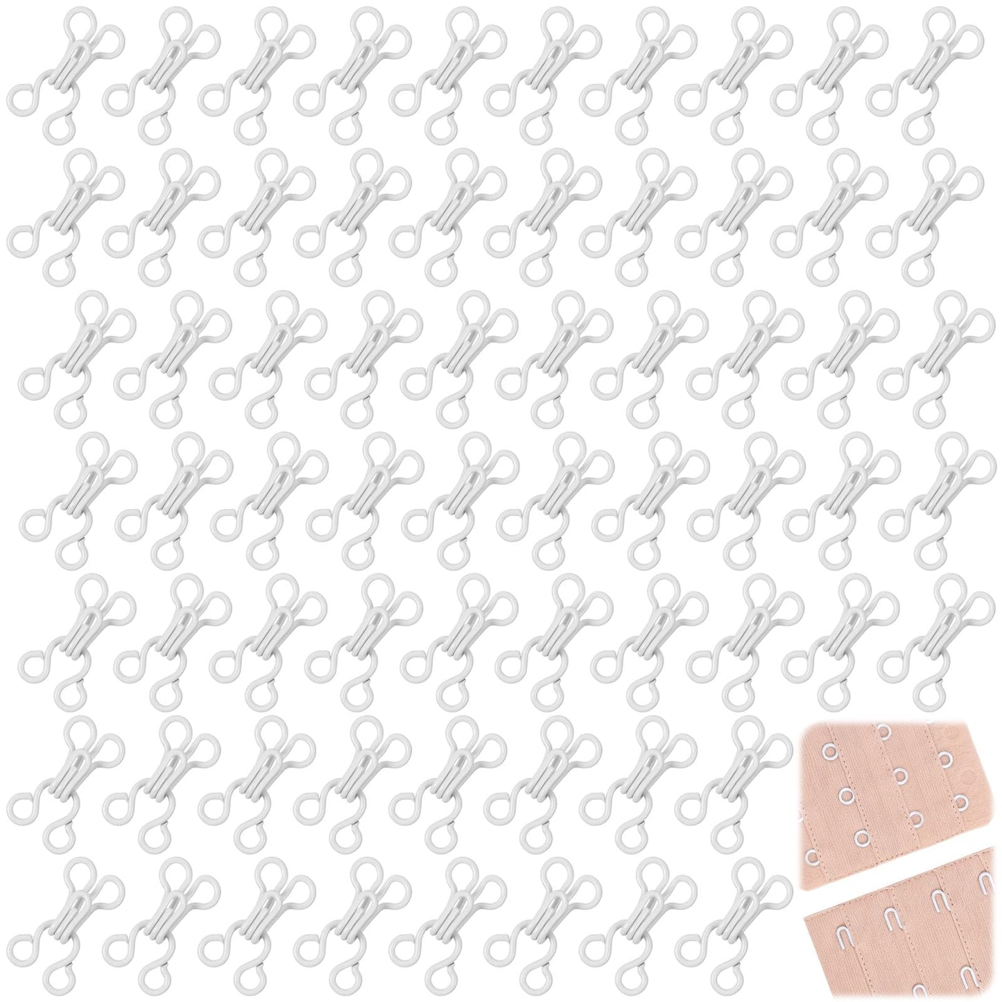 Tyqour 100 Pairs Hook and Eye Sewing Bra Hooks Replacement White Copper Hook and Eye Closure for Bras Clothing DIY, 3 Sizes, Rust-Resistant Metal Fasteners