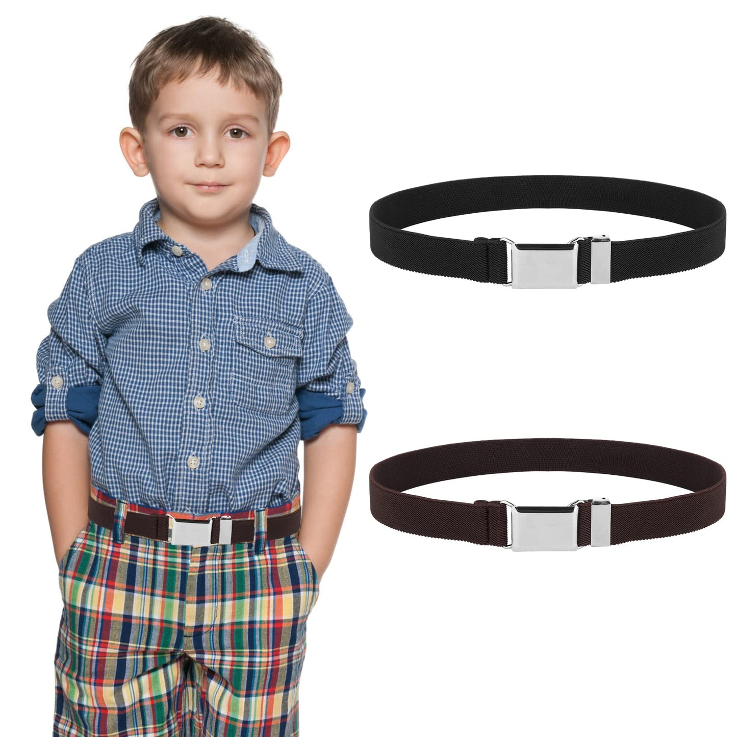 2 Pack Kids Toddler Belt Elastic Stretch Belts Adjustable Uniform Belt with Silver Square Buckle for Child Boys Girls