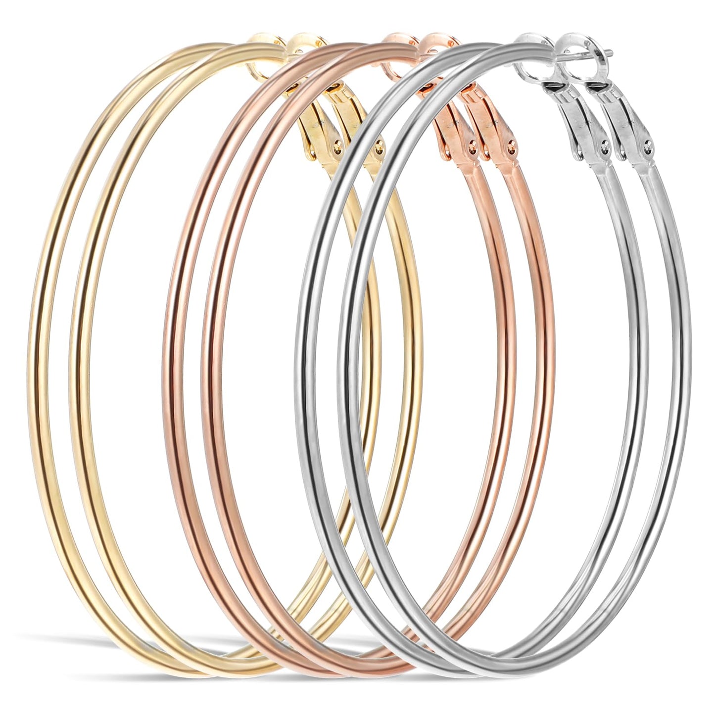Tyqour 3Pairs Large Hoop Earrings for Women 60mm 14k Gold Plated Hoop Earrings Silver Rose Gold Big Thin Hoop Earrings Lightweight Dangle Earrings Set
