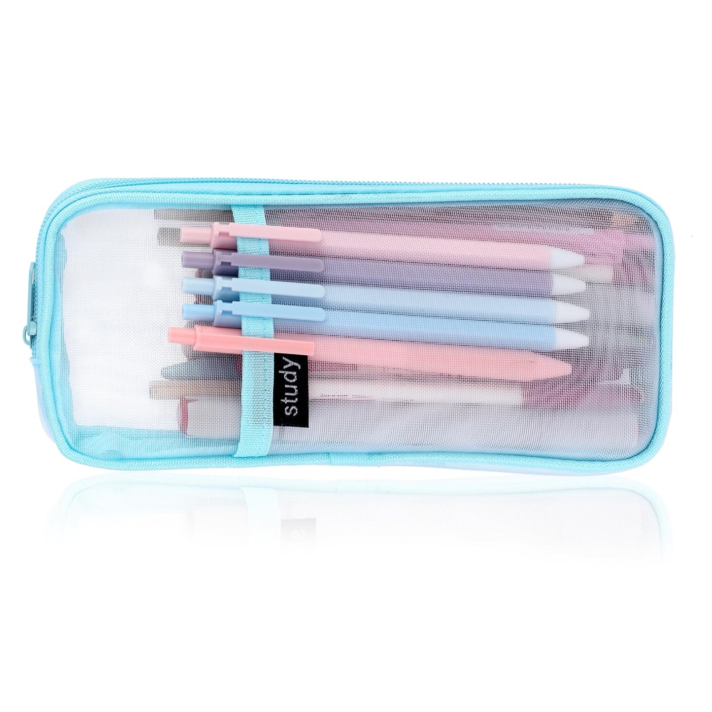 Ouligay Grid Mesh Pencil Case Big Capacity Pen Bag Transparent Makeup Pouch Cosmetics Bag for Student School College Office(Blue)