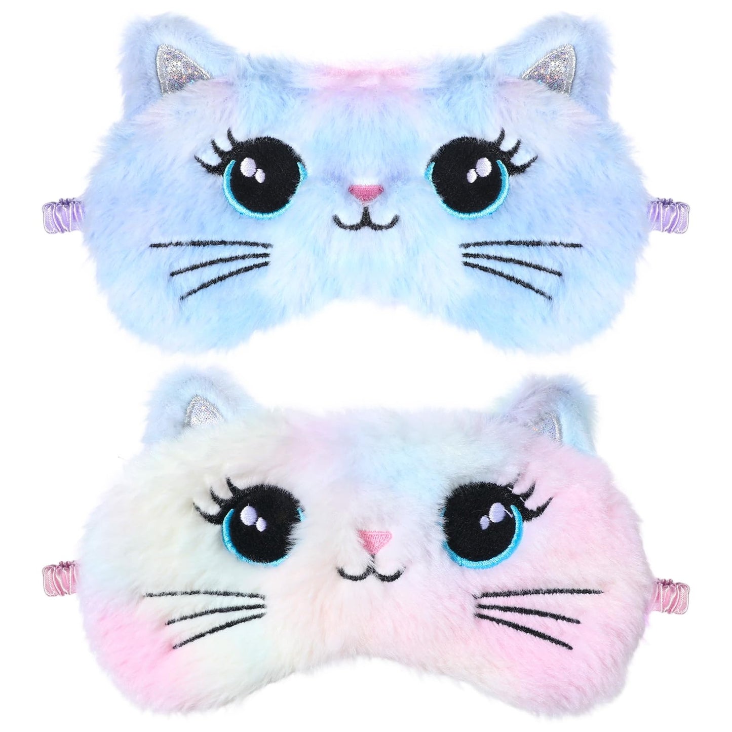 Nogeqi 2 Pieces Kids Sleep Mask, 3D Plush Sleep Mask, Funny Eye Mask, Soft Sleep Masks for Women, Fluffy Multicoloured for Naps, Girls, Boys, Travel (Cat, Rainbow Colors)