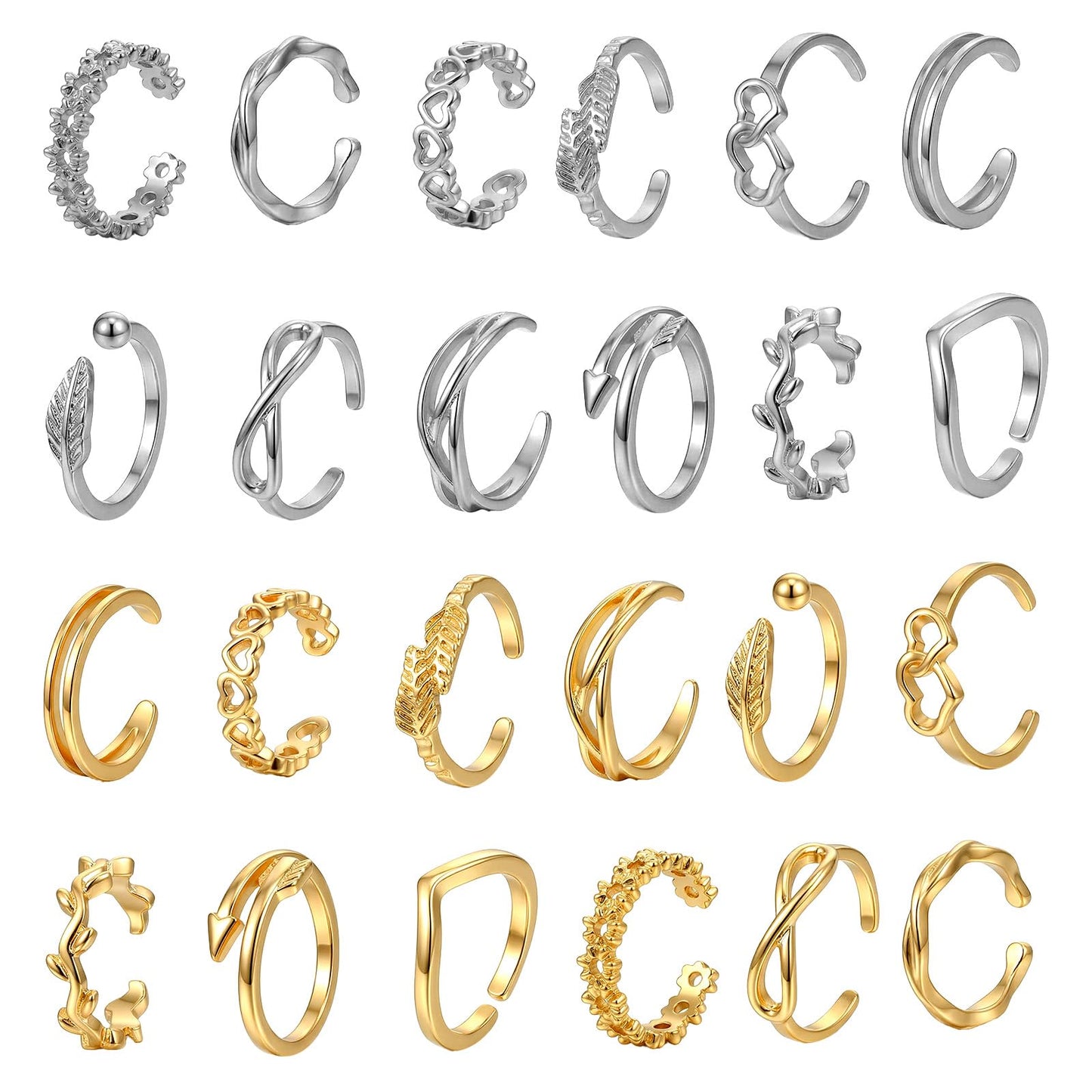 Tyqour 24PCS Open Toe Ring Silver Gold Toe Rings Adjustable Rings for Women Stainless Steel Waterproof Summer Beach Foot Jewelry