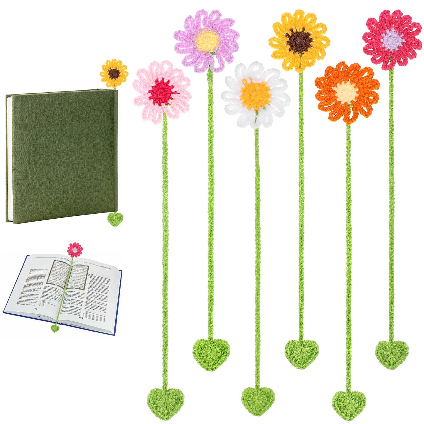 Mabor 6Pcs Crochet Flower Bookmarks, Personalized Handmade Bookmark for Women Book Lovers Sunflower Daisy Floral Book Marker Knitted Page Holder