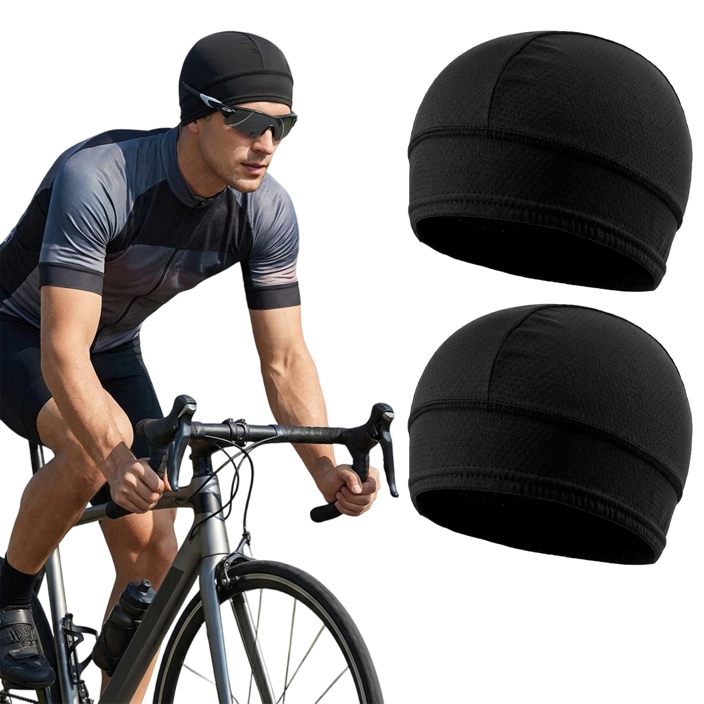 Nogeqi 2 Pcs Cooling Skull Caps for Men Women, Breathable Mesh Hard Hat Liner, Lightweight Quick Dry Helmet Liner Cycling Beanies Black