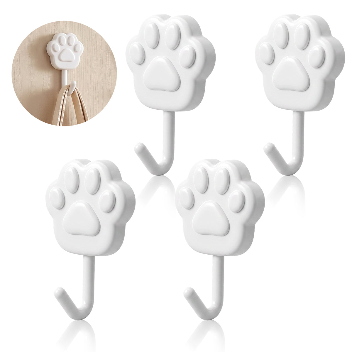 Sorcristy White Paw Self Adhesive Wall Hooks, 6 lbs Heavy Duty, No Drill