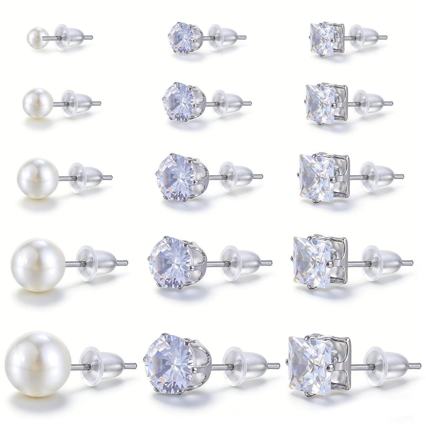 Sorcristy 15 PCS Silver Earrings Studs Set for Women, Pearl Earrings Round Square Triangle Shapes Earring Packs for Daily Wear Party Gift Jewelry