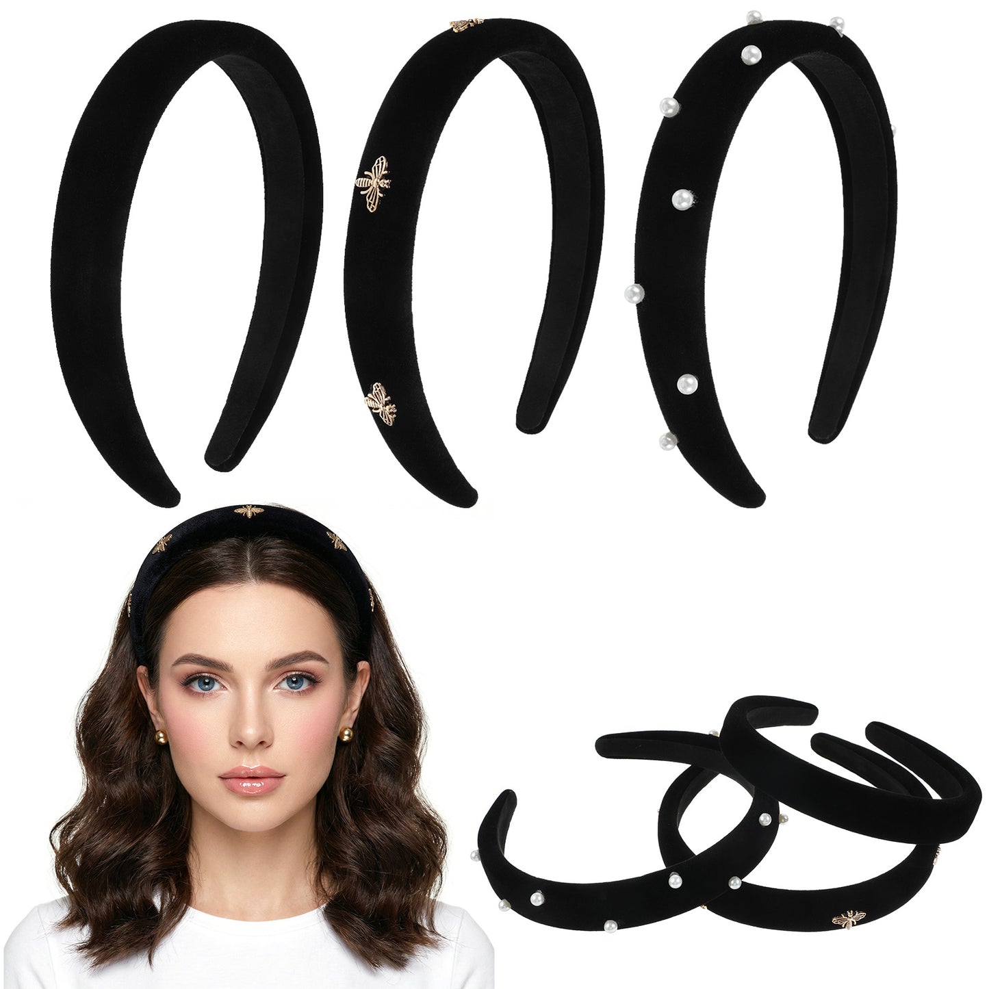 3PCS Black Velvet Headbands for Women, Wide Padded Headband Non-slip Chunky Head Bands Trendy Fashion Hair Bands Accessories for Girls Women’s Hair